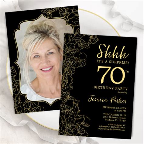 Elegant Black Gold Photo Surprise 70th Birthday Invitation Zazzle