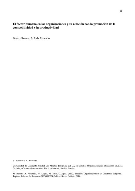 Romero B Alvarado A Factor Humano En Las Organizaciones El Factor
