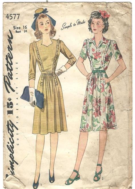 Vintage 40s 1940s Sewing Dress Pattern Simplicity 4577 Swing 1943 B34