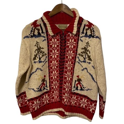 Liz Claiborne Sweaters Vintage Intarsia Knit Skier Cabin Snowflake