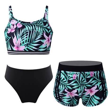 YONGHS Girls Swimsuits 3 Piece Tankini Bathing Suit Set Teen Print Bikini Swimwear With Swim