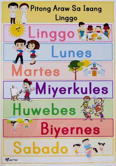 mga araw sa isang linggo filipino tagalog laminated chart  size