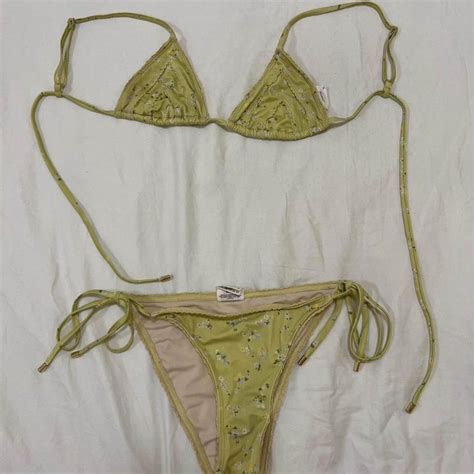 Peony Yellow Floral Lace Trim Tie Side Bikini With Depop