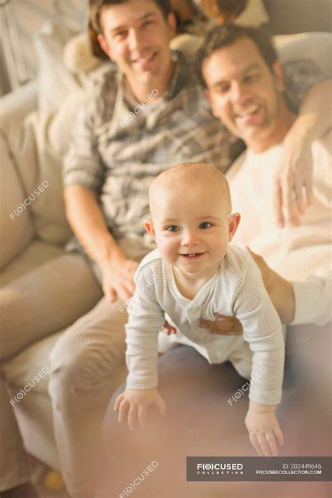Portrait Cute Baby Son With Male Gay Parents Homosexual Couple Multi Ethnic Group Stock