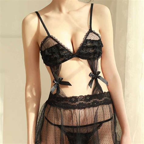 Sexy Women Lace Lingerie Dress Sheer Mesh V Neck Cutout Backless G