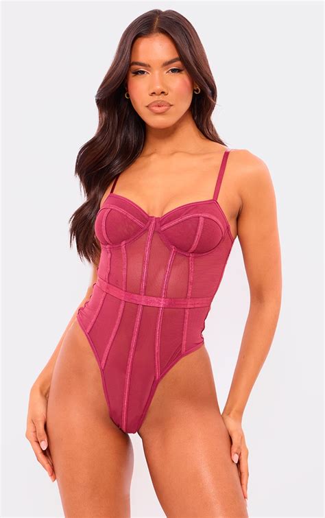 Fuchsia Mesh Corset Bodysuit Lingerie Nightwear Plt Aus