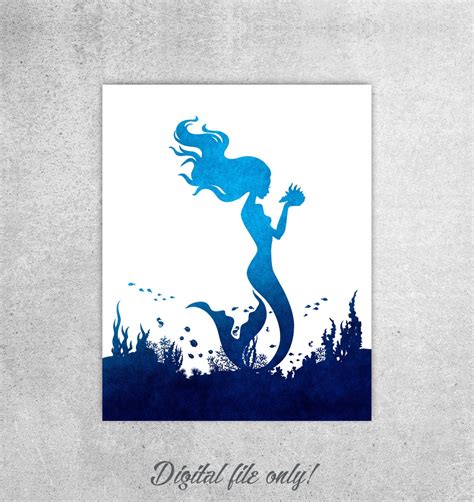 Mermaid Wall Art Print Blue Watercolor Fishes Sea Horse Holding A