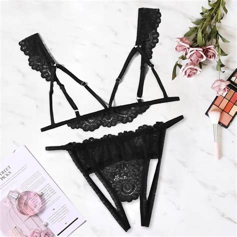 Women Sexy Lingerie Sets Lace Bralette Adjustable Straps Nipple Split Open Bras Crotchless