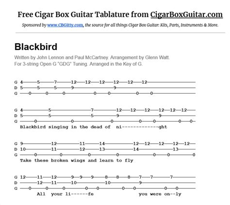 Blackbird By The Beatles Tablature For 3 String Cigar Box Guitar