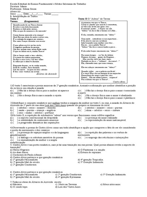 Interpretação De Texto Romantismo Com Gabarito - Interpretação de Textos Românticos | PDF | Romantismo | Amor