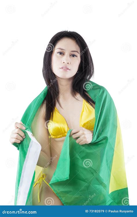 Lovely Woman With Bikini And Brazilian Flag Stock Image Image Of Swimsuit Concept