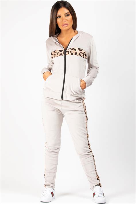Grey Velour Tracksuit With Leopard Print Stripe Uk