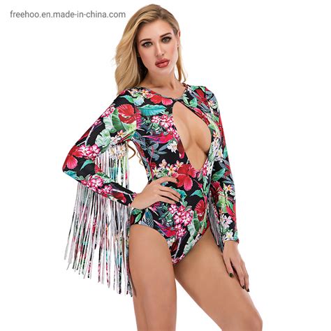 High Quality Customized Sexy Girl Hot Selling Long Sleeve One Piece Cut Out Tassels Swimwear