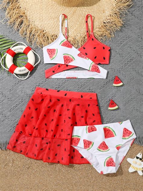 SHEIN Tween Girl Watermelon Print Wrap Bikini Set Beach Skirt Summer Beach SHEIN USA