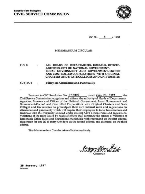 CSC MC No. 5, s-1997 (Policy On Attendance & Punctuality) | PDF