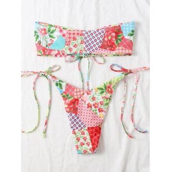 Emmiol Free Shipping 2025 Patchwork Floral Strapless Bikini Set Red L In Bikini Sets Online