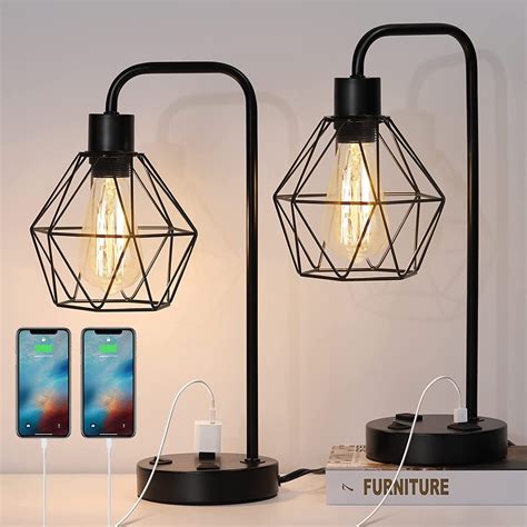 Set Of 2 Modern Nightstand Lamps Bedside Table Lamps With 2 Usb