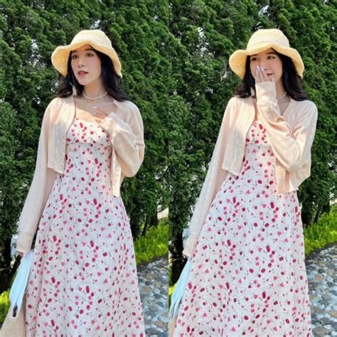 BIGSIZETIX Set đầm hai dây hoa đỏ kèm áo khoác crop nude Xinh xắn 50 90kg Shopee Việt Nam