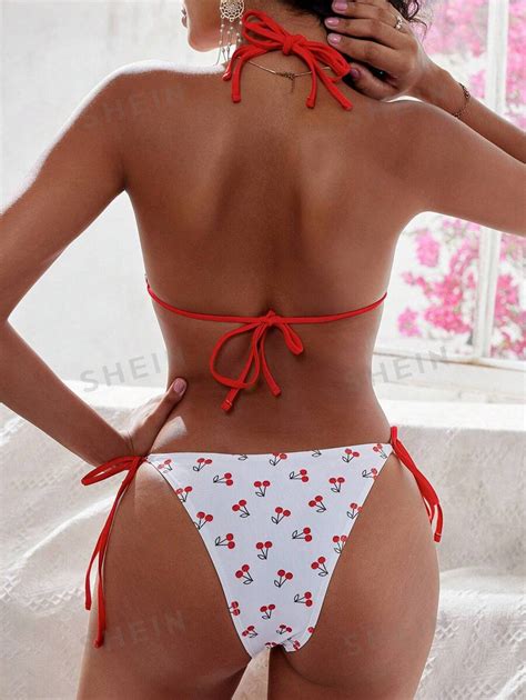 Shein Swim Mod Bikini De Cereza Con Cobertura Total Y Corbata Lateral En El Cuello Para La