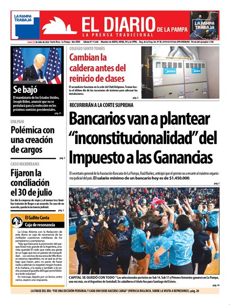 Tapa De El Diario En Papel Lunes 22 De Julio De 2024 El Diario De La