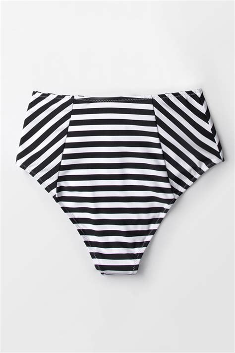 Black And White Stripe High Waisted Bikini Bottom