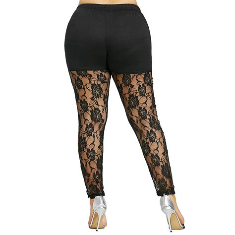 Plus Size High Waist Black Sexy Floral Lace Sheer Legging Fashion