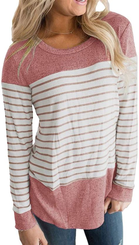 Vemvan Womens Long Sleeve Round Neck T Shirts Color Block Striped