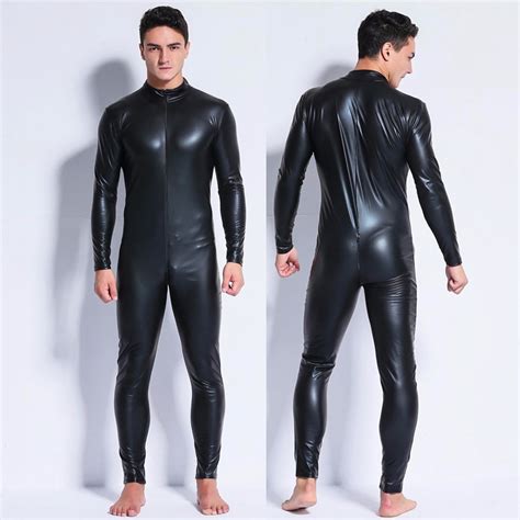 Yj M Xl Men Wetlook Faux Leather Double Zipper Open Crotch Pvc Bodysuit Gay Hot Lingerie Latex