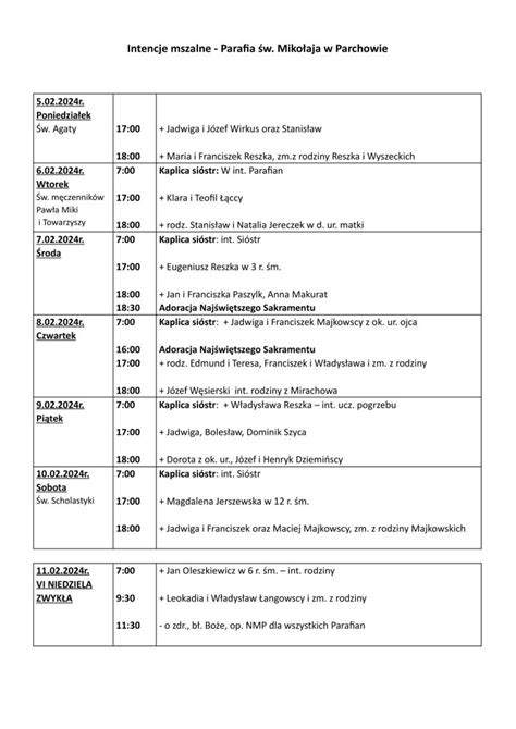 Ogłoszenia parafialne V Niedziela Zwykła 4 02 2024r Parafia Parchowo