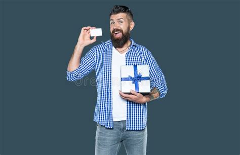 Surprised Mature Bearded Man With Present Box And Card Stock Photo Image Of Credit Wrapped