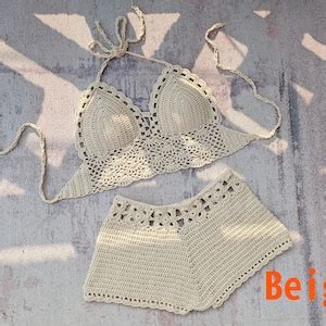 Summer Beach Women S Bikini Piece Set Hand Crochet Woven Tankini Top And Hot Pants Etsy