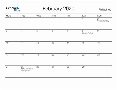February 2020 Philippines Monthly Calendar With Holidays