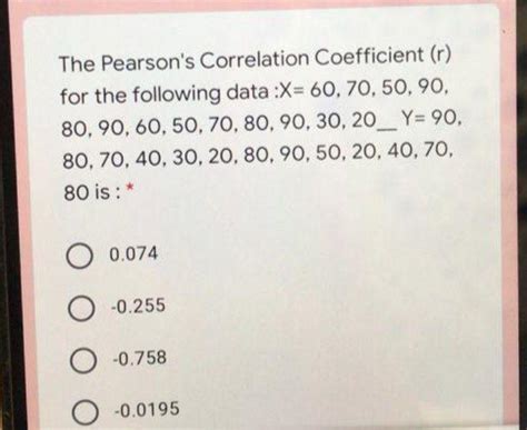 Solved The Pearson's Correlation Coefficient (r) for the | Chegg.com
