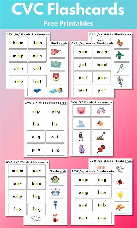 cvc word flashcards  pictures  printables literacy learn