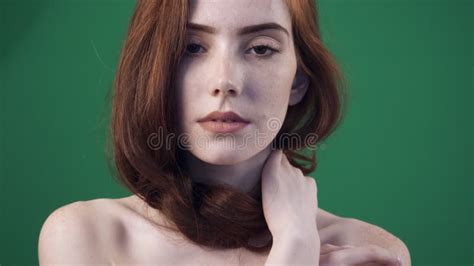 Beautiful Redhead Woman Posing On Camera With Naked Shoulders Stock Footage Video Of