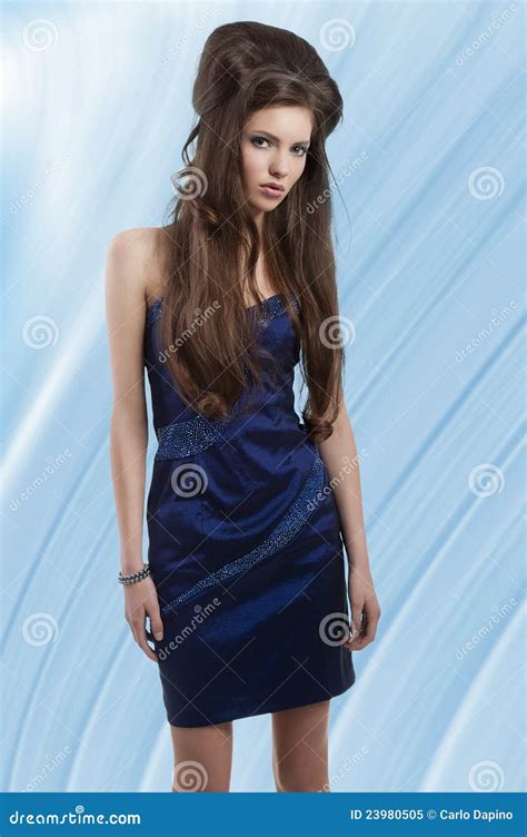 Brunette In Short Blue Dress Royalty Free Stock Photo Image