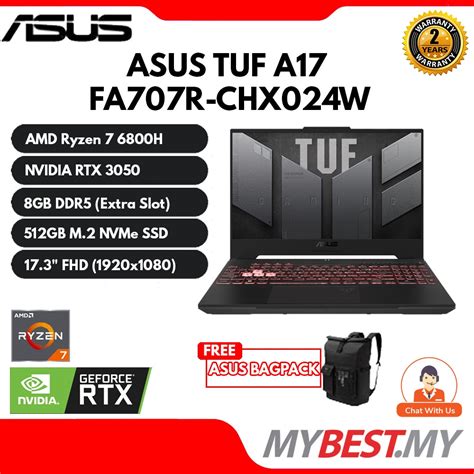 Asus Tuf Gaming A17 2022 Fa707r Chx024w Gaming Laptop R7 6800h 8gb 4800mhz 512gb M2 Rtx3050