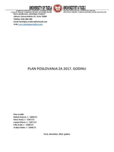 Plan Poslovanja Primjer Pdf