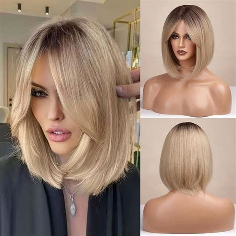 Blonde Bob Perruque Pour Femmes à Racines Profondes épaule Longue Cheveux Synthétiques