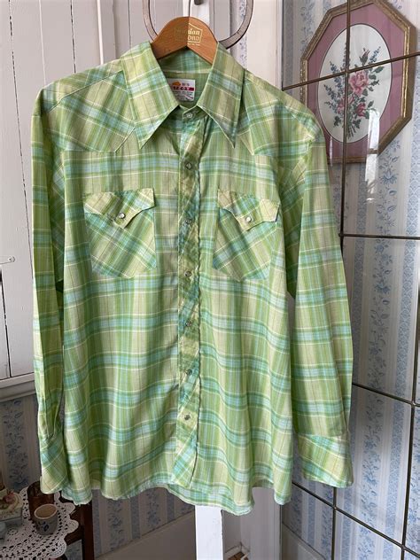 Vintage Western Shirt Green Plaid Cowboy Shirt B876 Green Blue Plaid