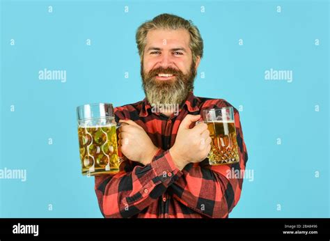 Hipster Drink Beer Mature Bearded Guy Hold Beer Glass Cheers Toast True Sensation Holiday