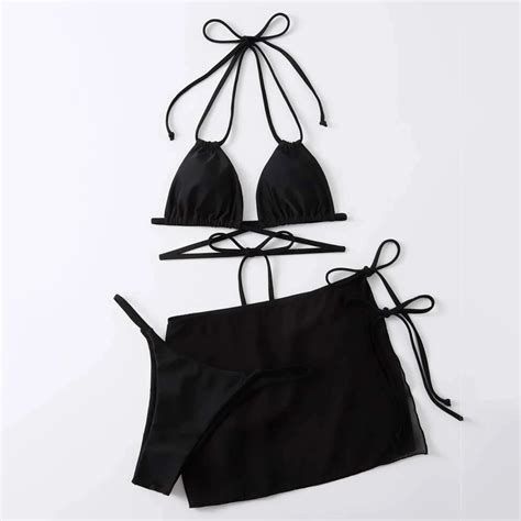 Women S Swimsuit Bikini Drawstring Strap Solid Color Three Piece Beach Sexy Bikini Set Women S