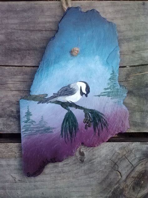 WINTER CHICKADEE acrylic painting on hand-shaped recycled roofing slate