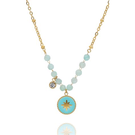 Collier Etika En Acier Jaune Avec Mail Bleu Et Amazonite Bleue Ae