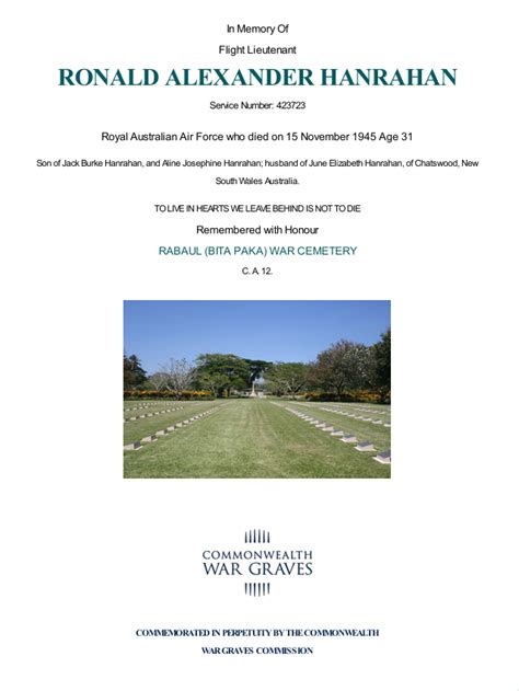 Flight Lieutenant Ronald Alexander Hanrahan Find A Grave