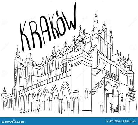 The Town Square In Krakow Poland Black And White Sketch Stock Vector