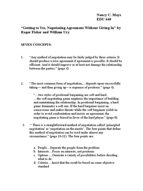 Roger Fisher and William Ury - Seven Concepts From Getting T | PDF ...