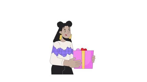 Beautiful Woman In Love Giving Valentine Gift Line 2D Animation Shy Latina Female Holding