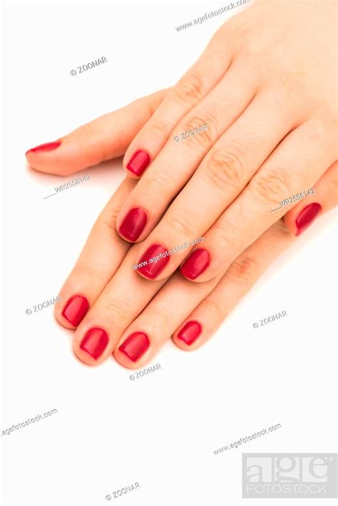 Woman Hands With Red Nail Isolated On White Stock Photo Picture And