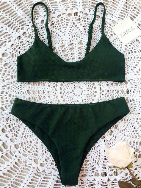 Off High Cut Bralette Bikini Set In Blackish Green Zaful